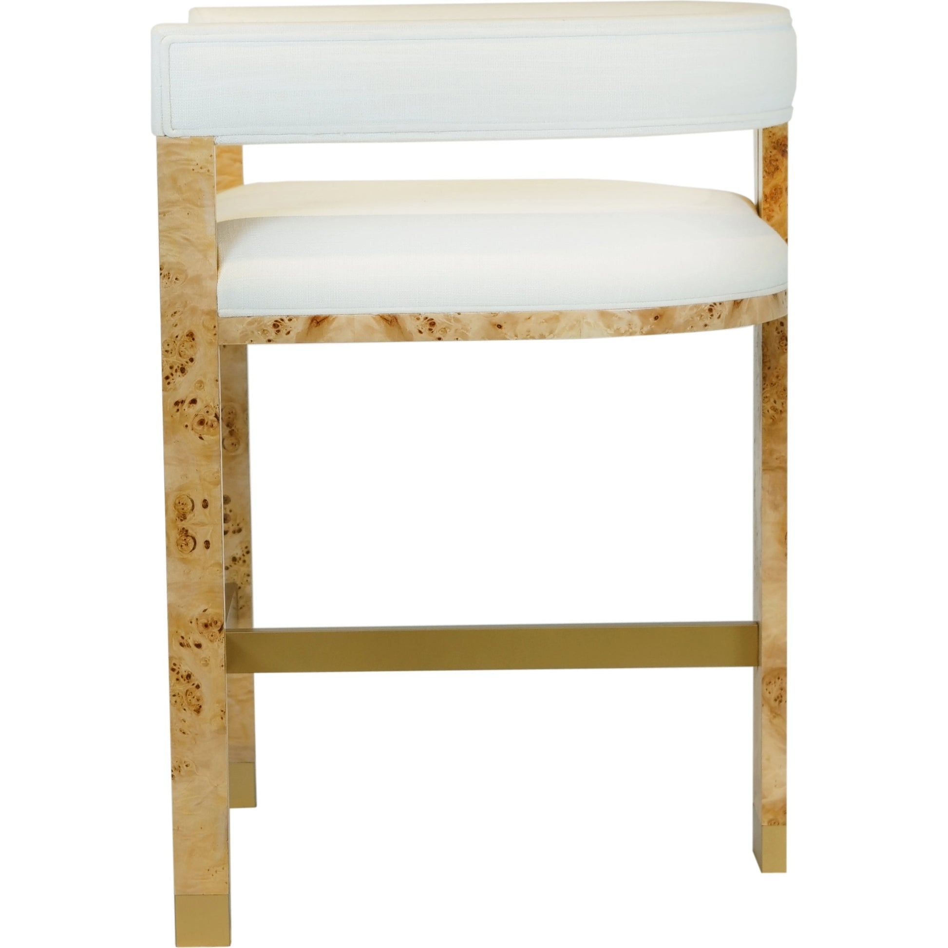 Cruise Counter Stool by Worlds Away in matte burl woodwhite linen. Made from hardwood solids, veneer, plywood, foam, fabric, metal in a cottage & farmhouse style.
