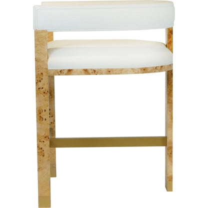Cruise Counter Stool by Worlds Away in matte burl woodwhite linen. Made from hardwood solids, veneer, plywood, foam, fabric, metal in a cottage & farmhouse style.