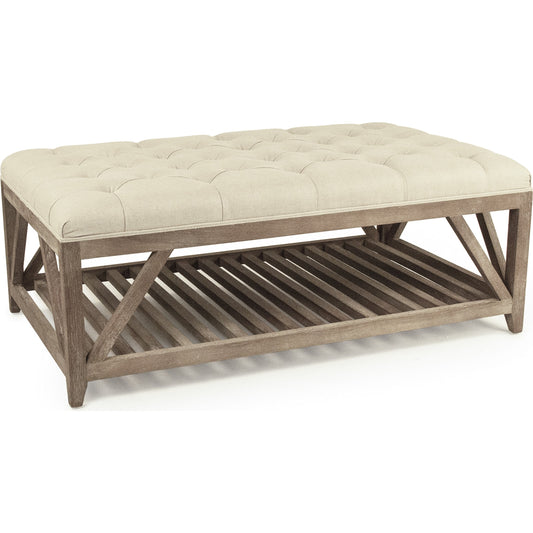 Mathis Tufted Ottoman by Zentique in natural linen and limed gray oak. Made from limed grey oak in a coastal style.