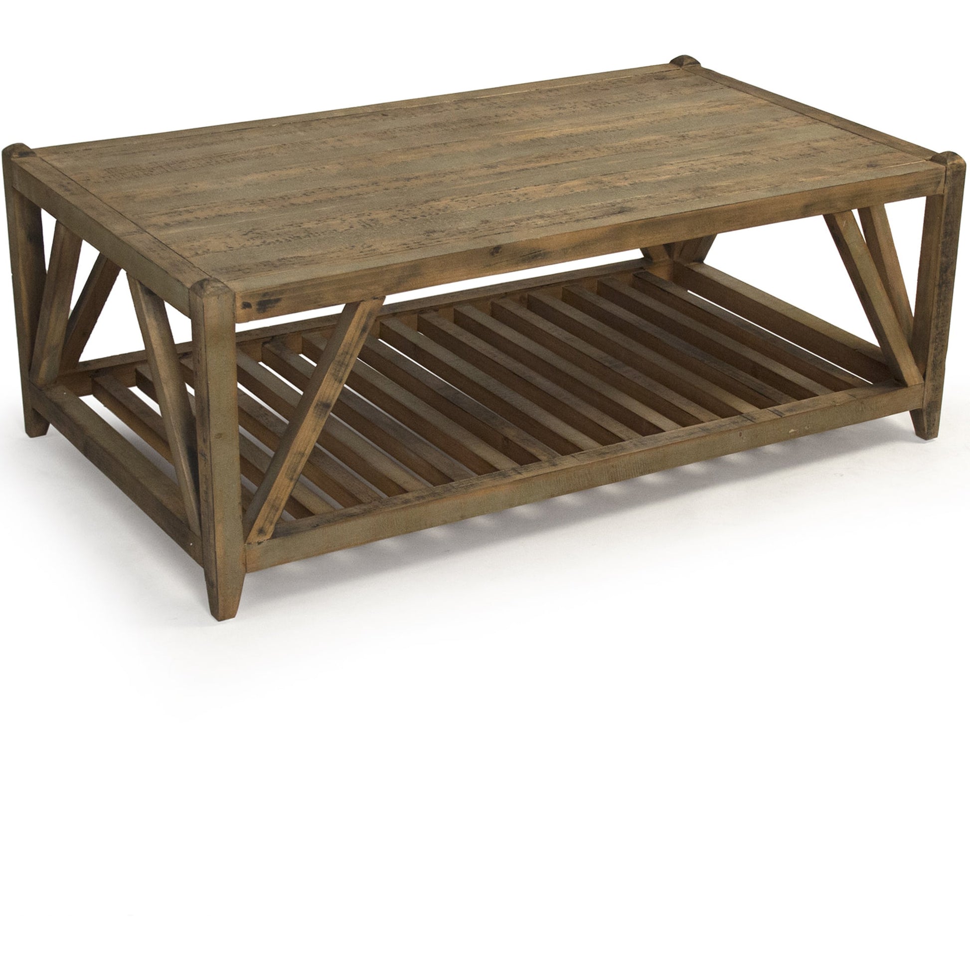 Mathis Coffee Table by Zentique in distressed brown and recycled pine. Made from recycled pine in a cottage & farmhouse style.