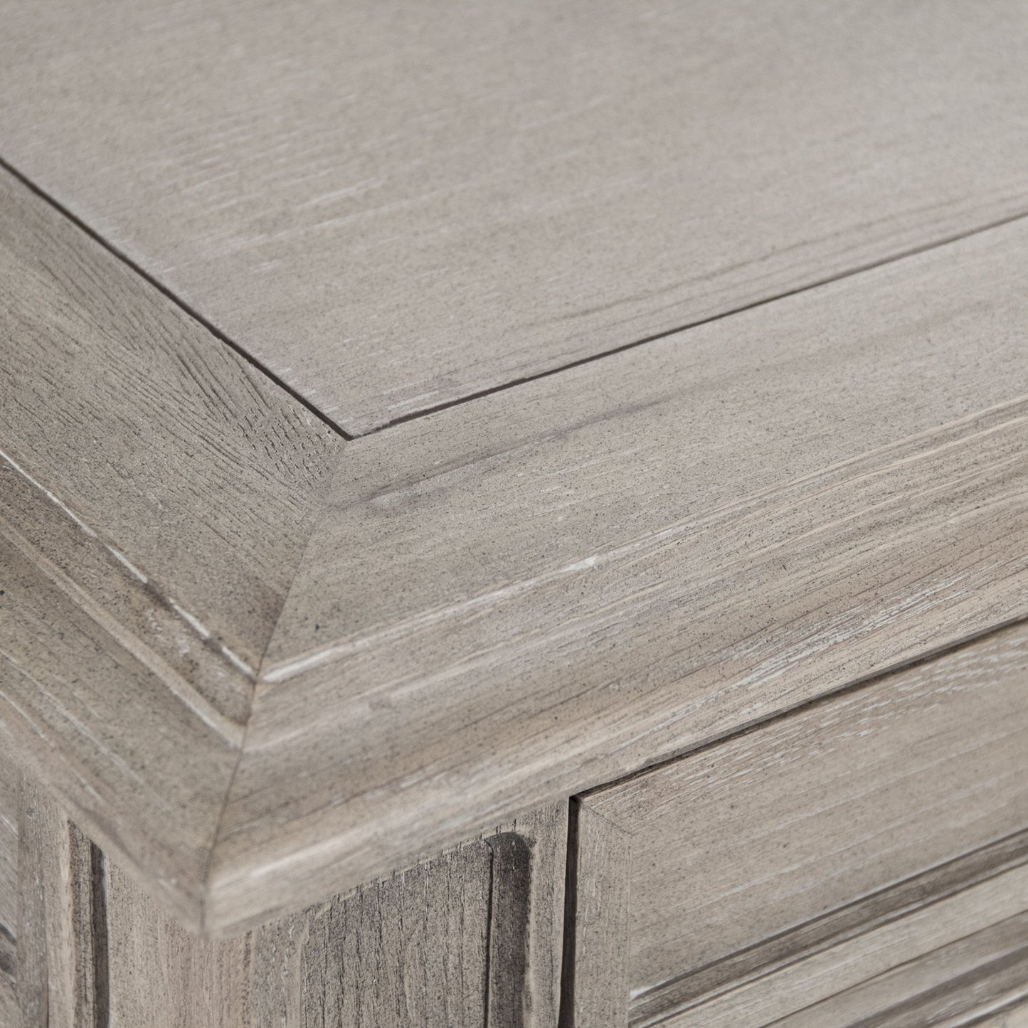 002 S-337953 | Closeup | Nadine Dining Table by Zentique in limed gray oak and oak. Made from oak in a traditional style.