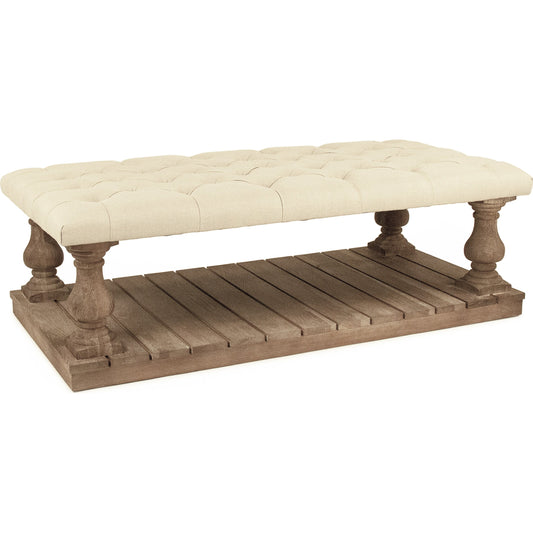 Bellamy Tufted Ottoman by Zentique in natural linen and limed gray oak. Made from limed grey oak in a cottage & farmhouse style.