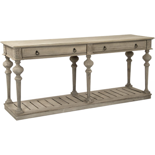Peyton Console by Zentique in ash gray and oak, pine. Made from ash grey oak in a traditional style.