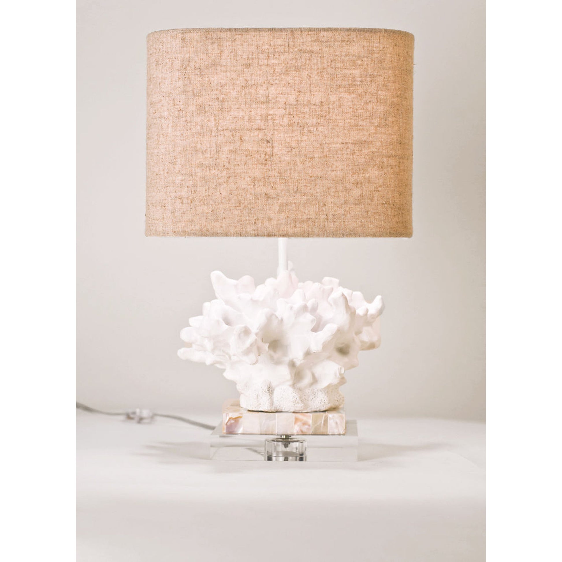 Wayfarer Accent Lamp by Couture Lamps in chalk white, mother of pearl, acrylic. Made from cotton blend in a coastal style.