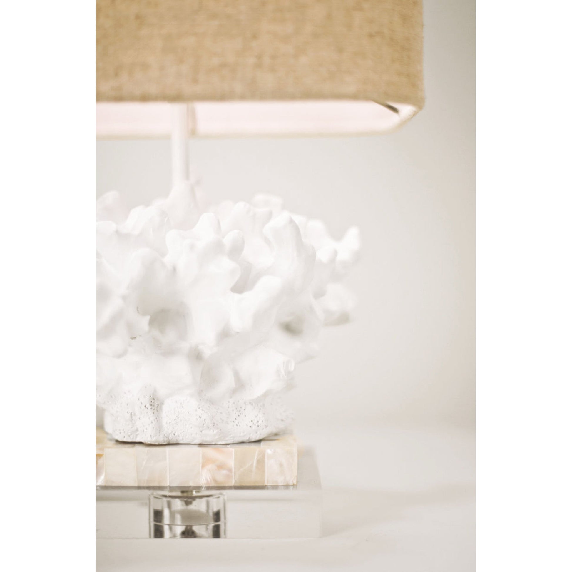 Wayfarer Accent Lamp by Couture Lamps in chalk white, mother of pearl, acrylic. Made from cotton blend in a coastal style.