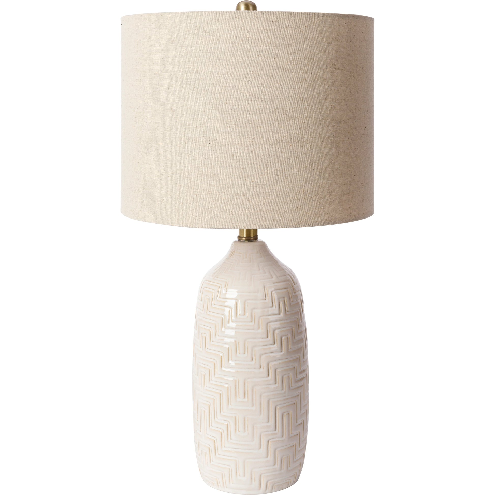Corinth Table Lamp - 31029 by Surya in metallic brass, white, translucent and glazedpolished. Made from shade (outside): linen, shade (inside): polyester, body: ceramic, finial: iron, finial: metal, harp: iron in a modern st