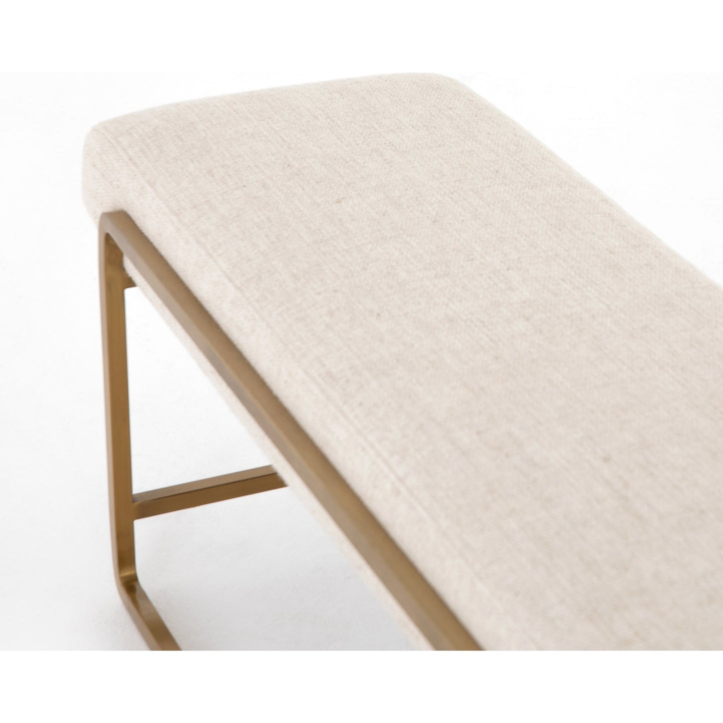 004 SR-810021 | Closeup | Sled Bench by Four Hands in thames cream. Made from 66% polyester, 19% acrylic, 15% flax, linen, stainless steel, poplar plywood in a modern style.