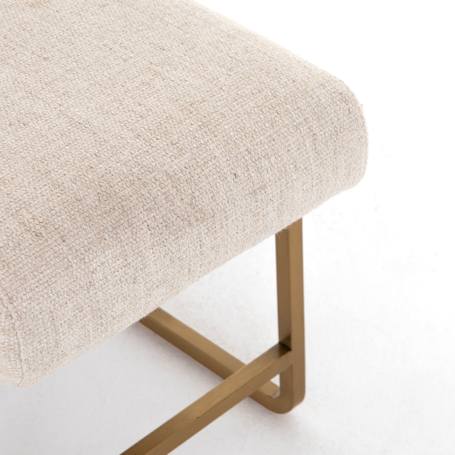 005 SR-810021 | Closeup | Sled Bench by Four Hands in thames cream. Made from 66% polyester, 19% acrylic, 15% flax, linen, stainless steel, poplar plywood in a modern style.