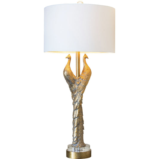 Golden Peacock Table Lamp by Couture Lamps in opulent gold resin, k9 optic crystal. Made from resin, acrylic in a modern style.