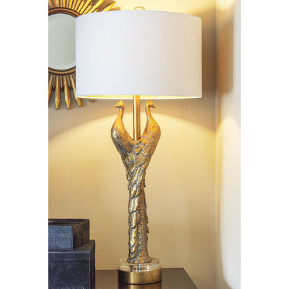 Golden Peacock Table Lamp by Couture Lamps in opulent gold resin, k9 optic crystal. Made from resin, acrylic in a modern style.