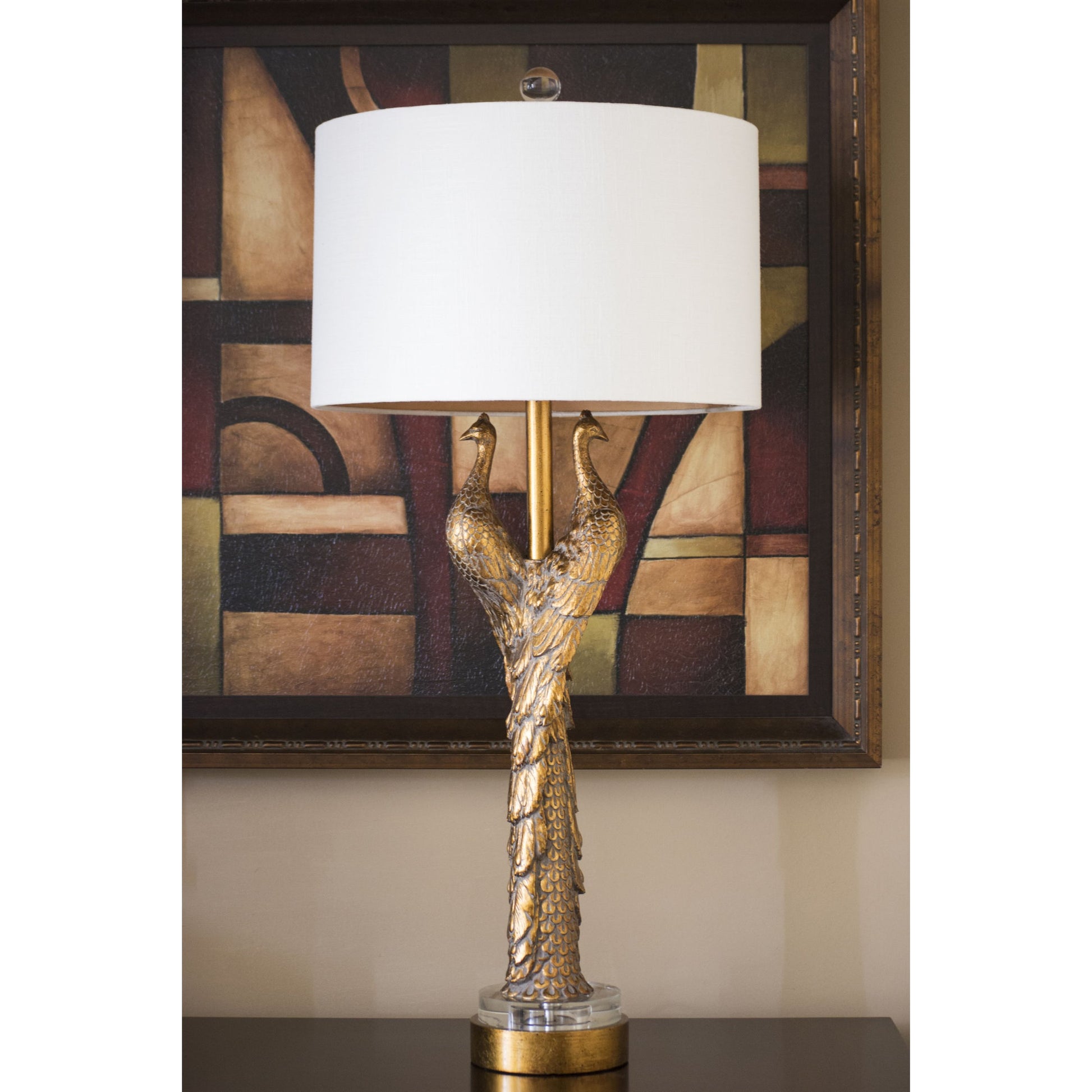 Golden Peacock Table Lamp by Couture Lamps in opulent gold resin, k9 optic crystal. Made from resin, acrylic in a modern style.