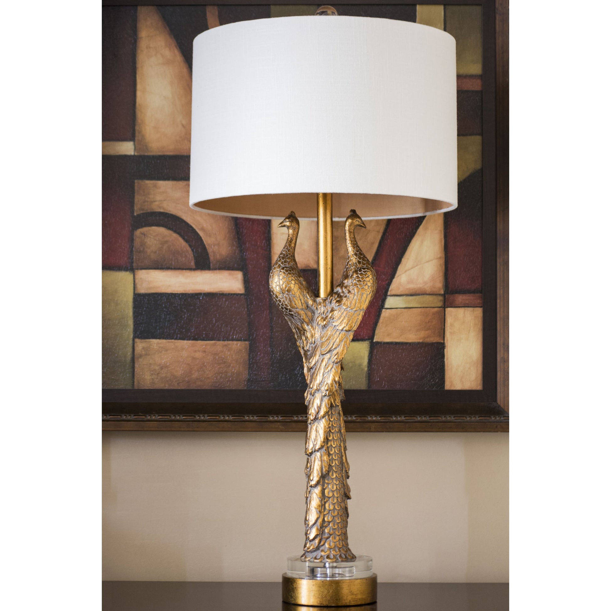 Golden Peacock Table Lamp by Couture Lamps in opulent gold resin, k9 optic crystal. Made from resin, acrylic in a modern style.