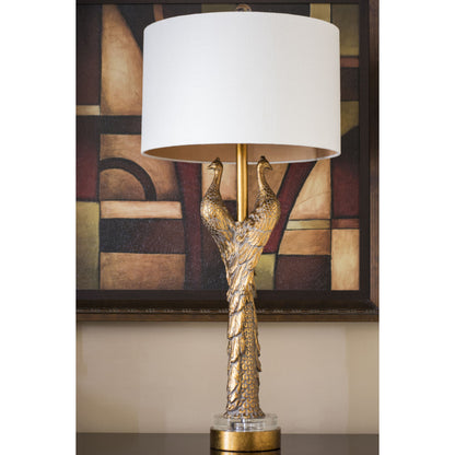 Golden Peacock Table Lamp by Couture Lamps in opulent gold resin, k9 optic crystal. Made from resin, acrylic in a modern style.