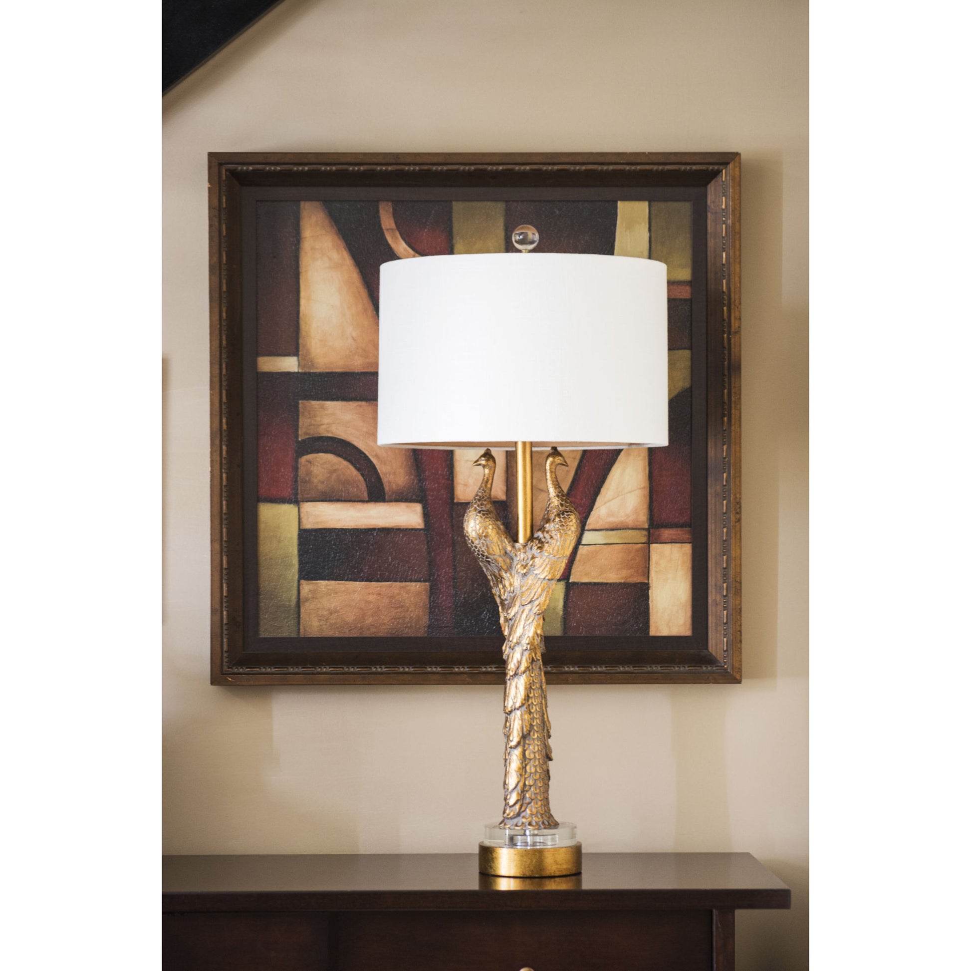 Golden Peacock Table Lamp by Couture Lamps in opulent gold resin, k9 optic crystal. Made from resin, acrylic in a modern style.