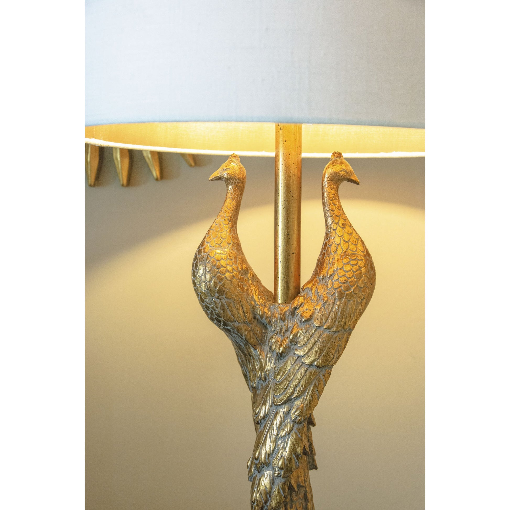 Golden Peacock Table Lamp by Couture Lamps in opulent gold resin, k9 optic crystal. Made from resin, acrylic in a modern style.