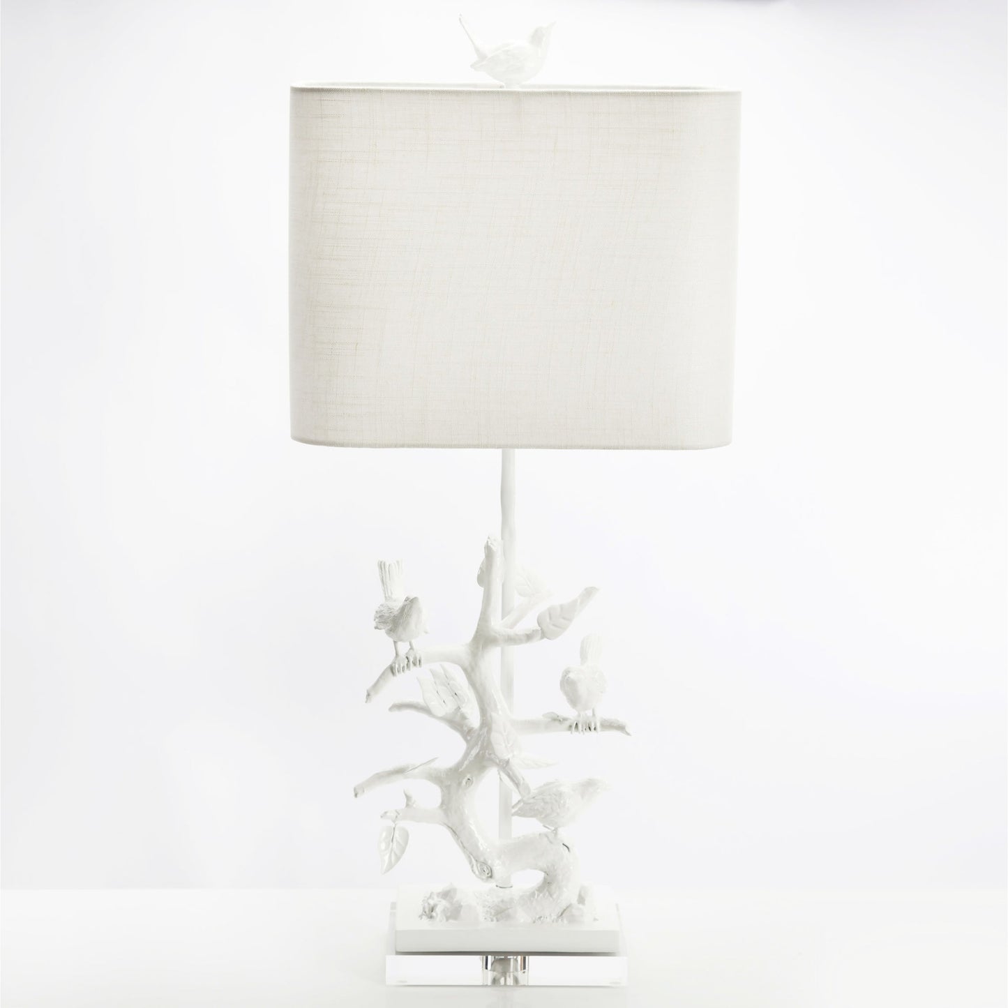 001 SR-388221 | Primary Silo | Bird on Branch Table Lamp by Couture Lamps in high gloss white. Made from iron, resin, acrylic in a coastal style.