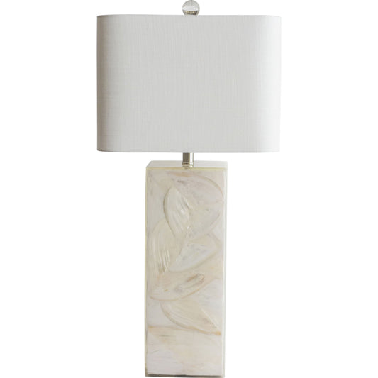 Sanibel Table Lamp by Couture Lamps in clear cast resin, natural mother of pearl, optic crystal. Made from mother of pearl, crystal in a modern style.