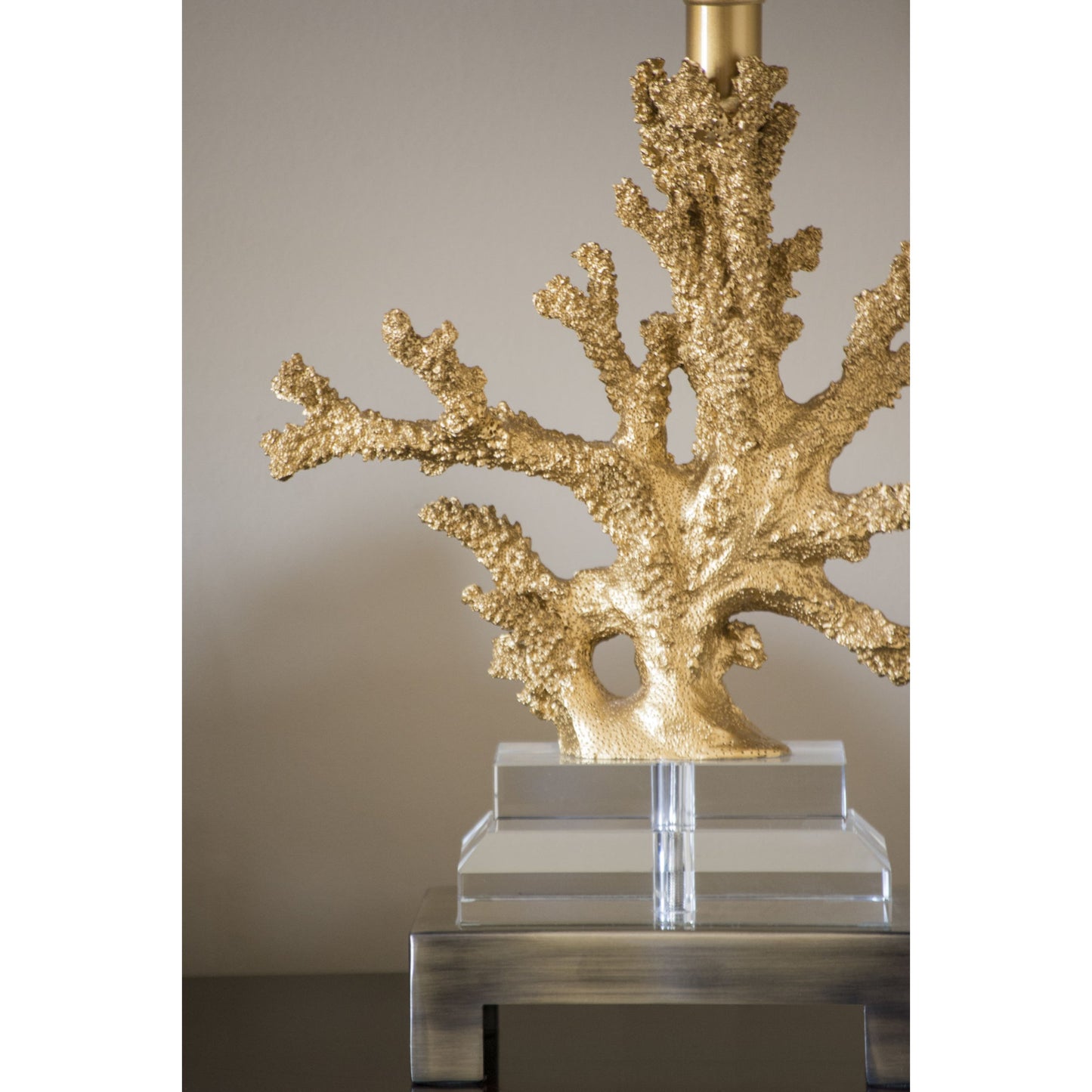 002 SR-388256 | Closeup | Gold Coral Table Lamp by Couture Lamps in gilt gold resin, k9 optic crystal, brushed brass. Made from resin, crystal, brass in a coastal style.
