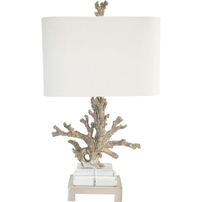 Coral Table Lamp by Couture Lamps in gilt silver resin, k9 optic crystal, brushed steel. Made from resin, crystal, brass in a coastal style.