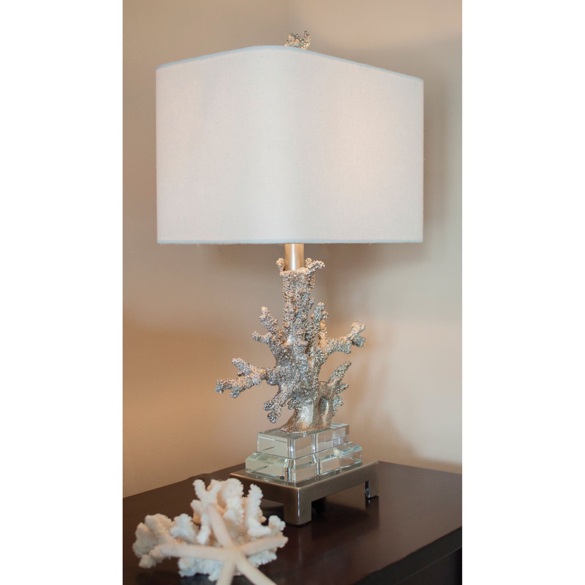 Coral Table Lamp by Couture Lamps in gilt silver resin, k9 optic crystal, brushed steel. Made from resin, crystal, brass in a coastal style.