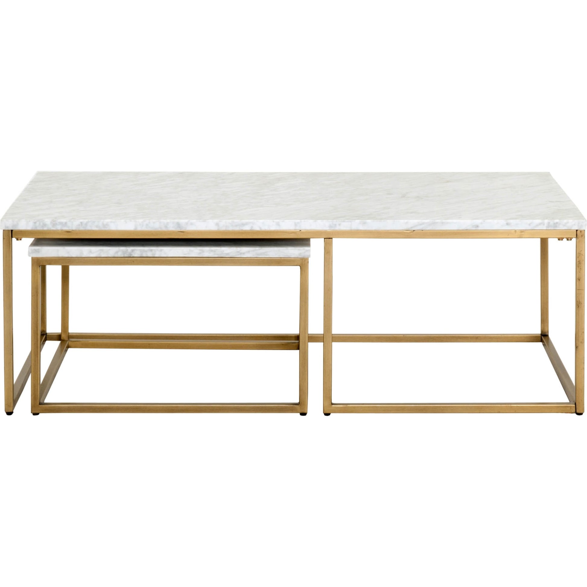 Carrera Nesting Coffee Table by Essentials For Living in white carrera marble, brushed gold. Made from marble veneer over mdf, metal in a modern style.
