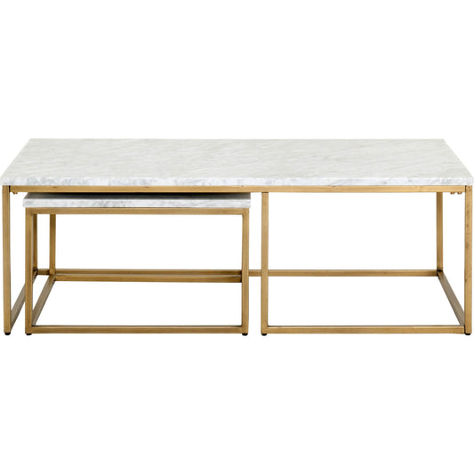 Carrera Nesting Coffee Table by Essentials For Living in white carrera marble, brushed gold. Made from marble veneer over mdf, metal in a modern style.