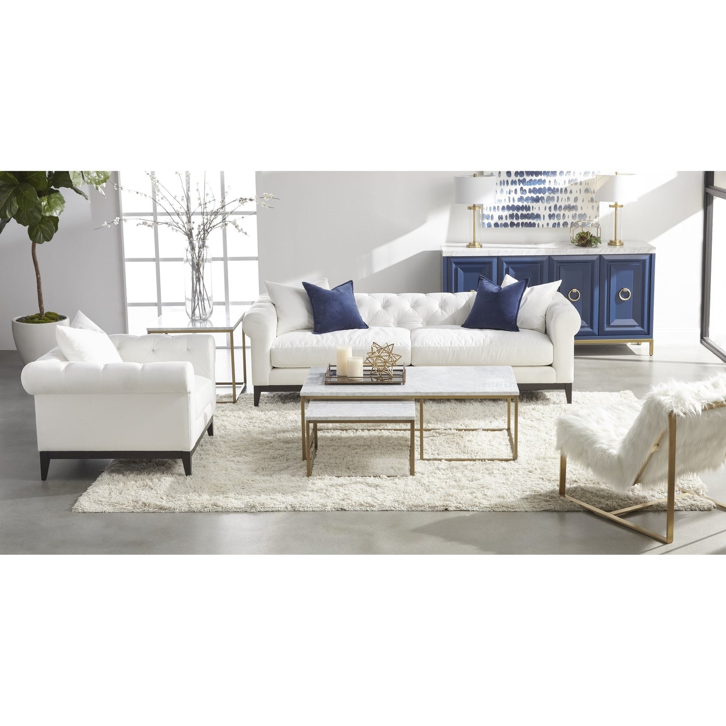 009 SR-387143 | Lifestyle | Carrera Nesting Coffee Table by Essentials For Living in white carrera marble, brushed gold. Made from marble veneer over mdf, metal in a modern style.