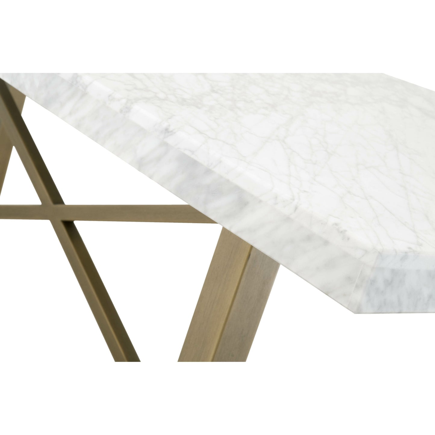 005 SR-387137 | Closeup | Carrera Dining Table by Essentials For Living in white carrera marble, brushed gold. Made from marble veneer over mdf, metal in a modern style.