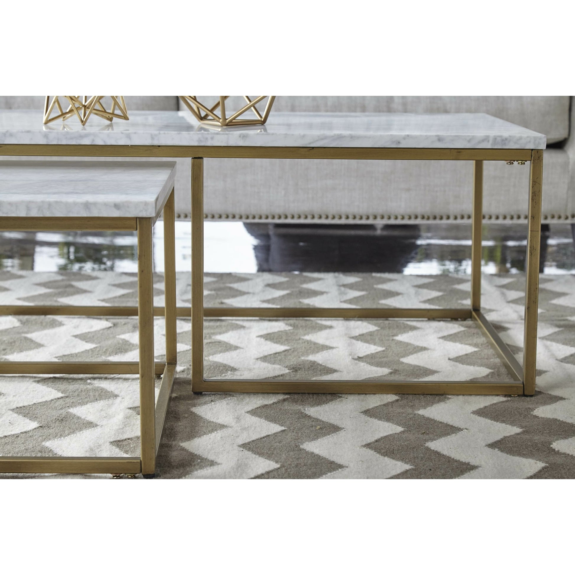 Carrera Nesting Coffee Table by Essentials For Living in white carrera marble, brushed gold. Made from marble veneer over mdf, metal in a modern style.
