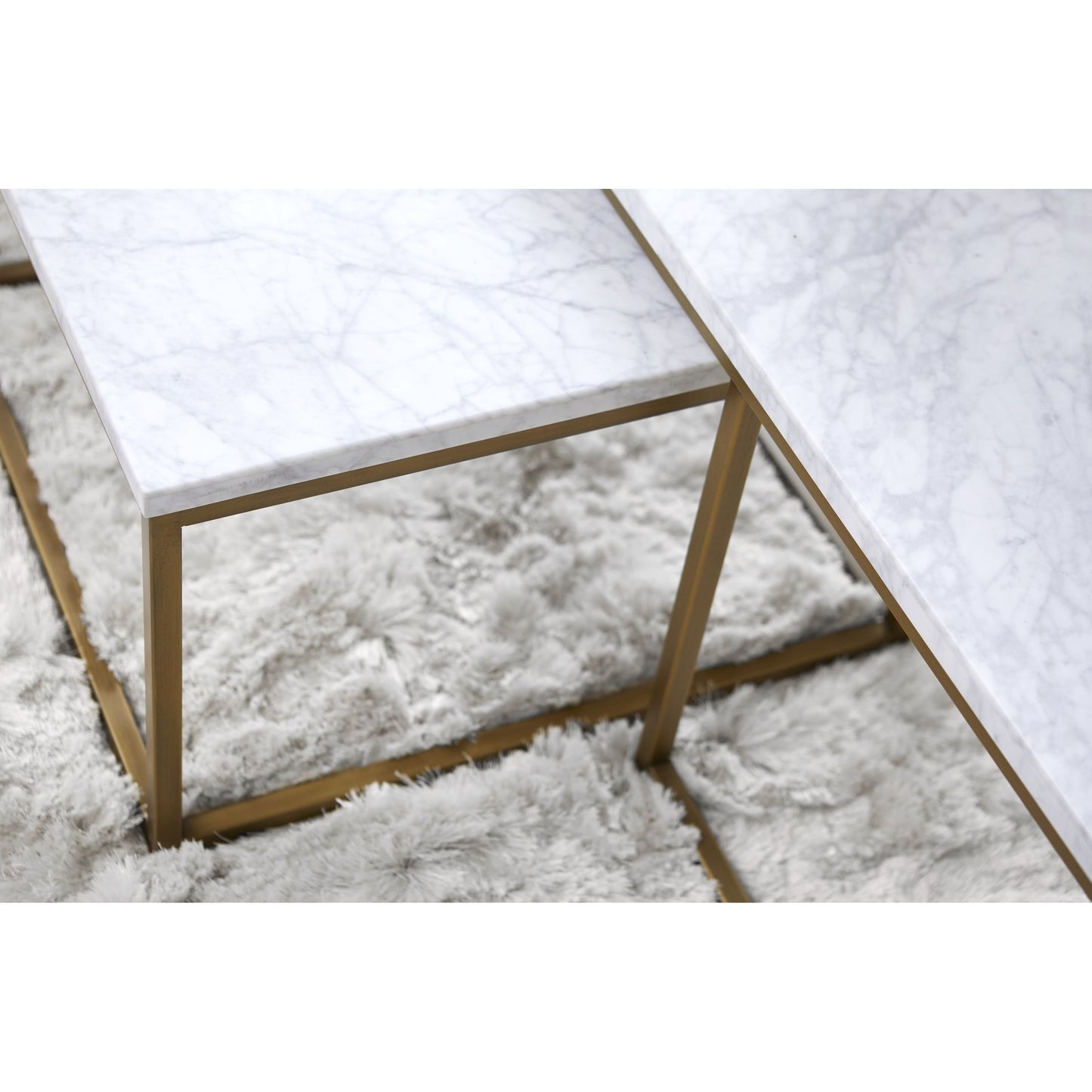 018 SR-387143 | Closeup | Carrera Nesting Coffee Table by Essentials For Living in white carrera marble, brushed gold. Made from marble veneer over mdf, metal in a modern style.