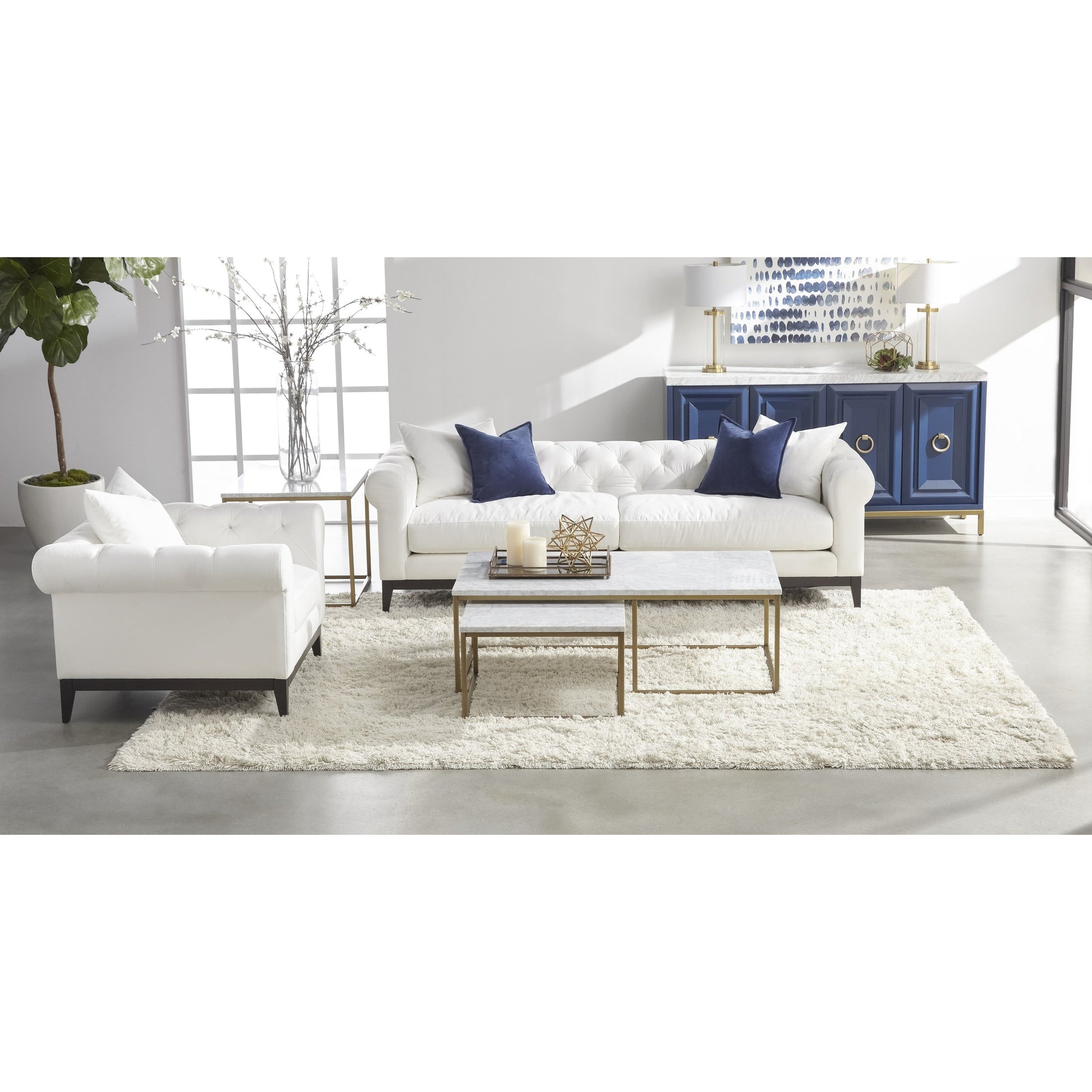 Carrera Nesting Coffee Table by Essentials For Living in white carrera marble, brushed gold. Made from marble veneer over mdf, metal in a modern style.
