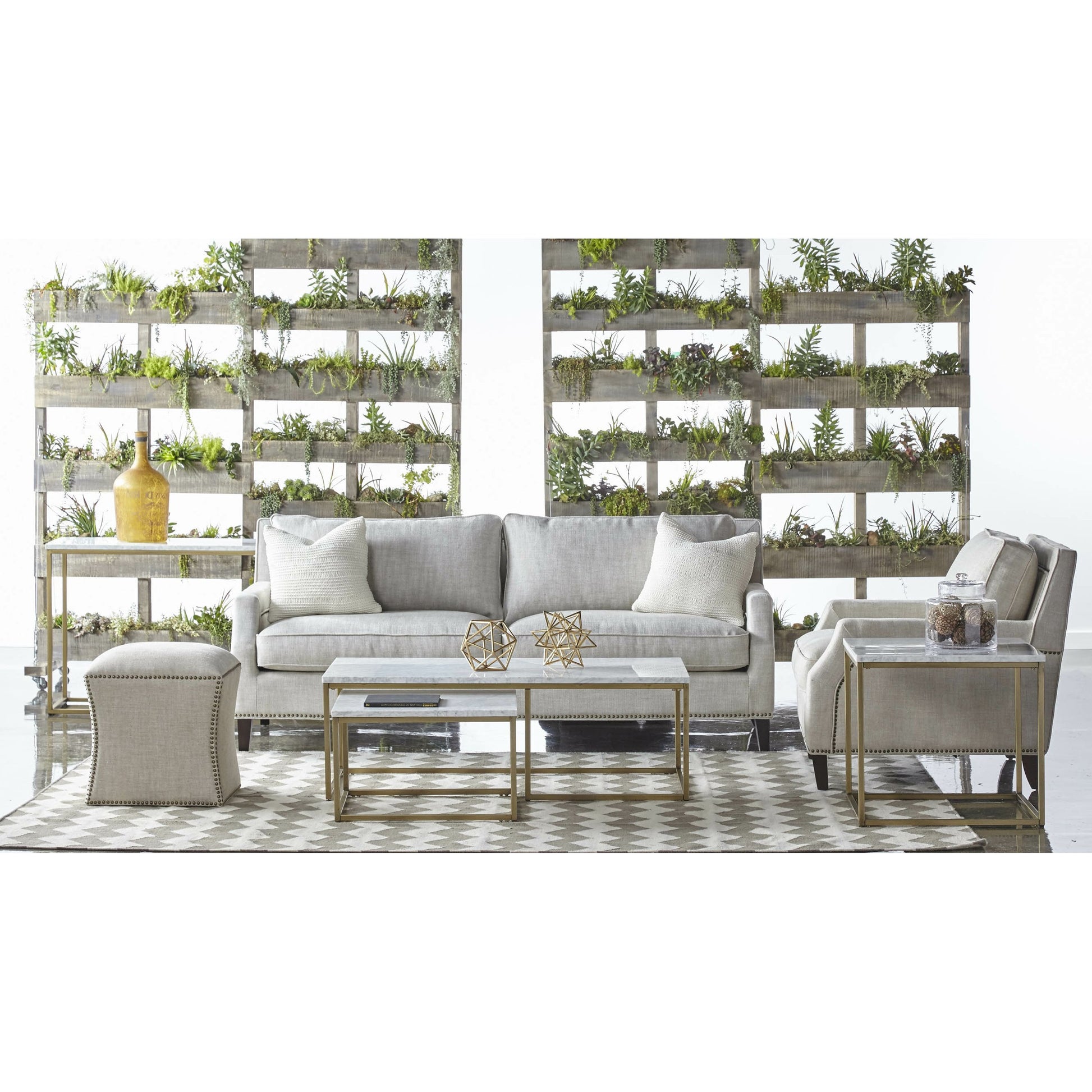 Carrera Nesting Coffee Table by Essentials For Living in white carrera marble, brushed gold. Made from marble veneer over mdf, metal in a modern style.