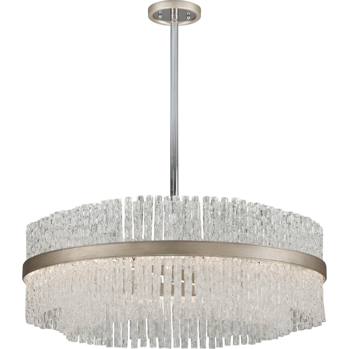 001 S-308987 | Primary Silo | Chime 12 Light Chandelier by Corbett in silver leaf polished stainless. Made from hand-crafted iron in a transitional style.