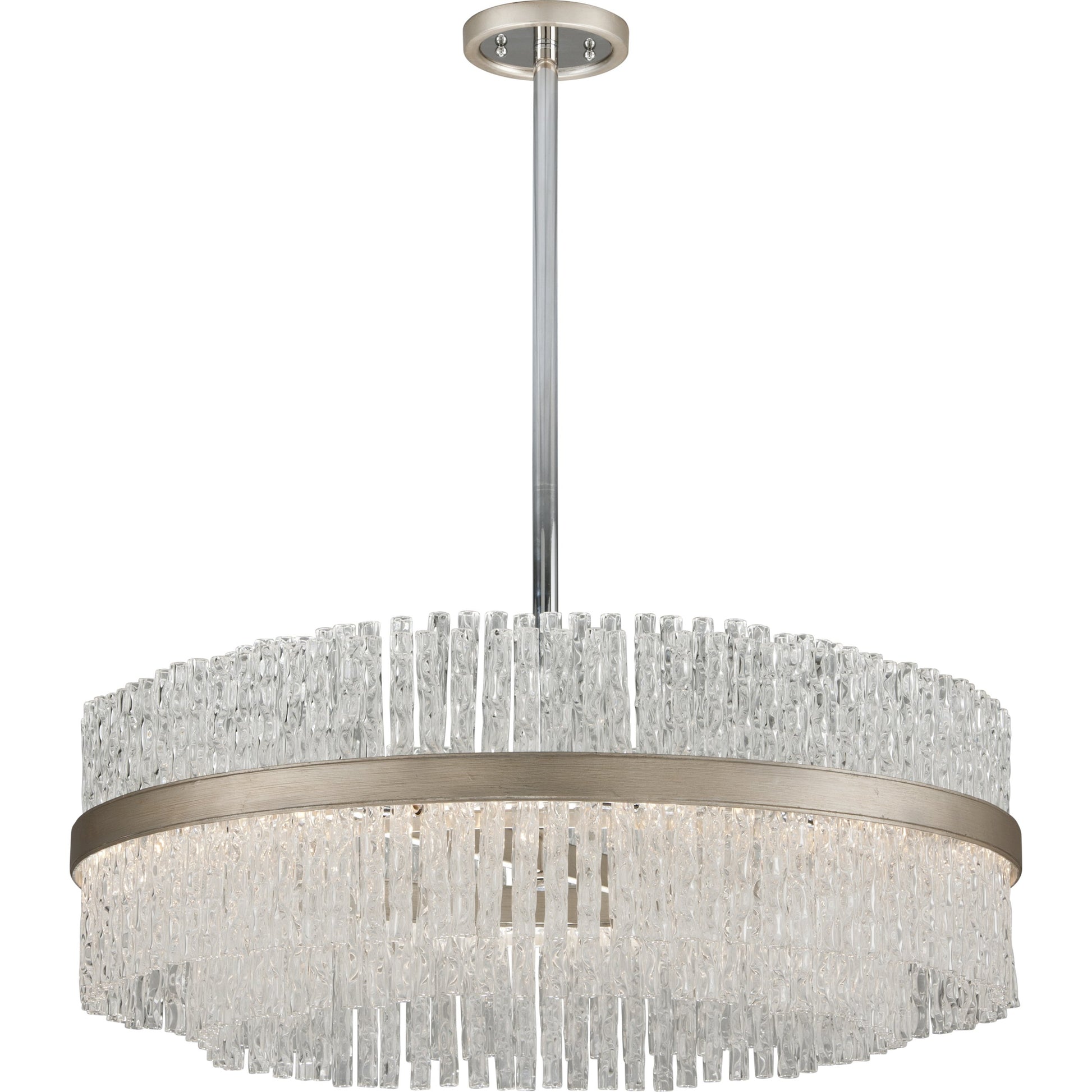 Chime 12 Light Chandelier by Corbett in silver leaf polished stainless. Made from hand-crafted iron in a transitional style.