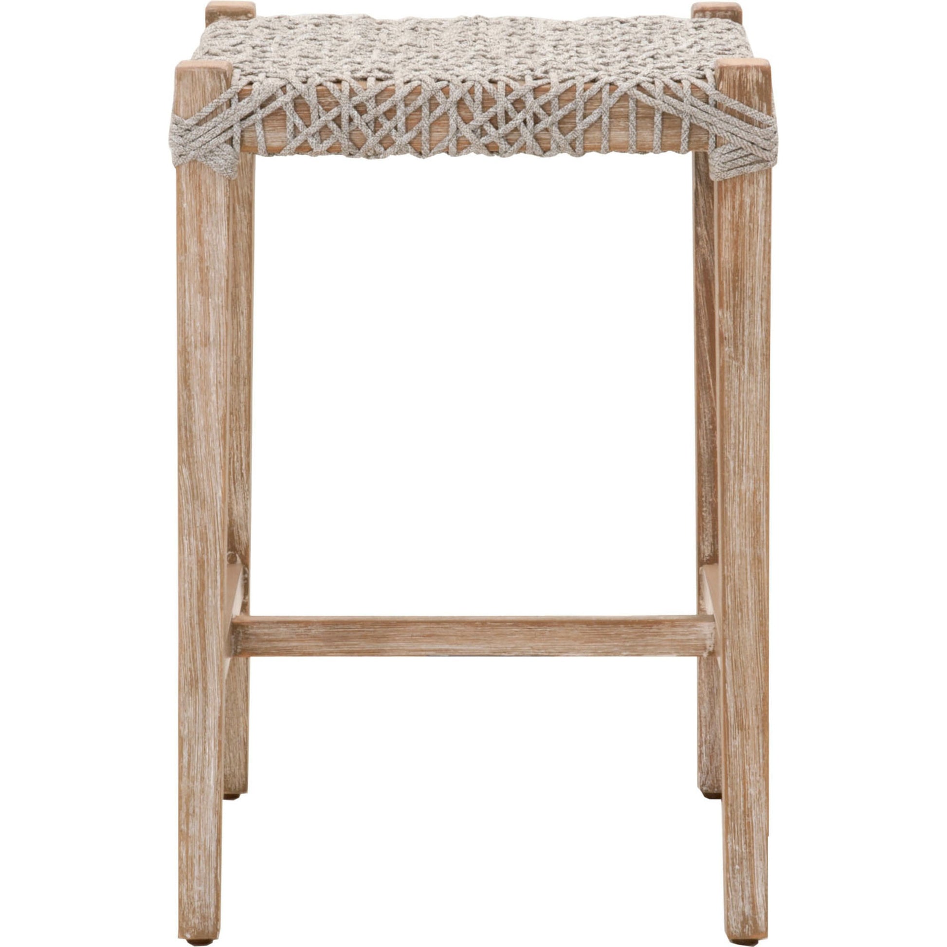 Costa Backless Counter Stool by Essentials For Living in dove flat rope, gray teak. Made from solid teak wood, polyolefin rope, metal in a coastal style.