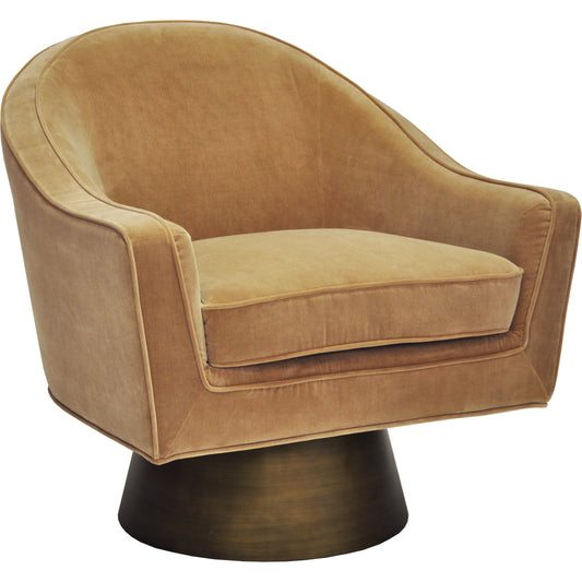 Dominic Swivel Chair by Worlds Away in camel and bronze. Made from metal, plywood, mdf, foam, fabric in a modern style.