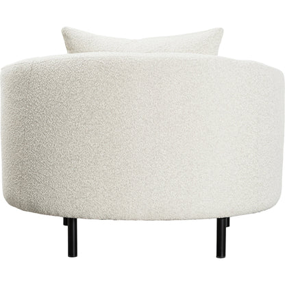 Karolyn White Boucle Barrel Chair with Throw Pillows by Arch & Plane in white, matte black and fabric. Made from boucle in a modern style.