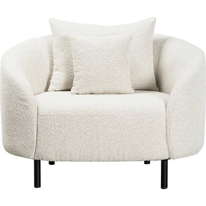 Karolyn White Boucle Barrel Chair with Throw Pillows by Arch & Plane in white, matte black and fabric. Made from boucle in a modern style.