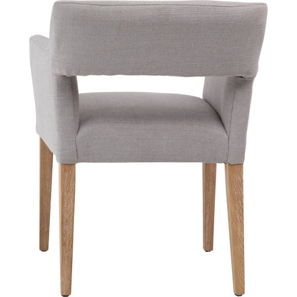 Brant Linen Dining Arm Chair by Arch & Plane in light grey, natural medium wood and fabric. Made from linen in a modern style.