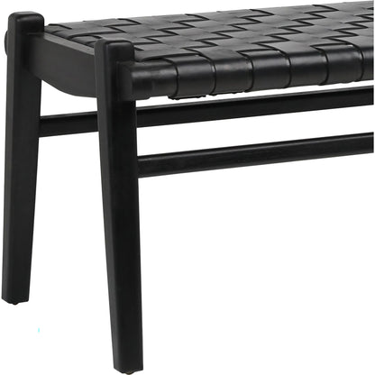 Santiago Teak and Woven Leather Bench by Arch & Plane in black and stain. Made from full grain leather in a coastal style.
