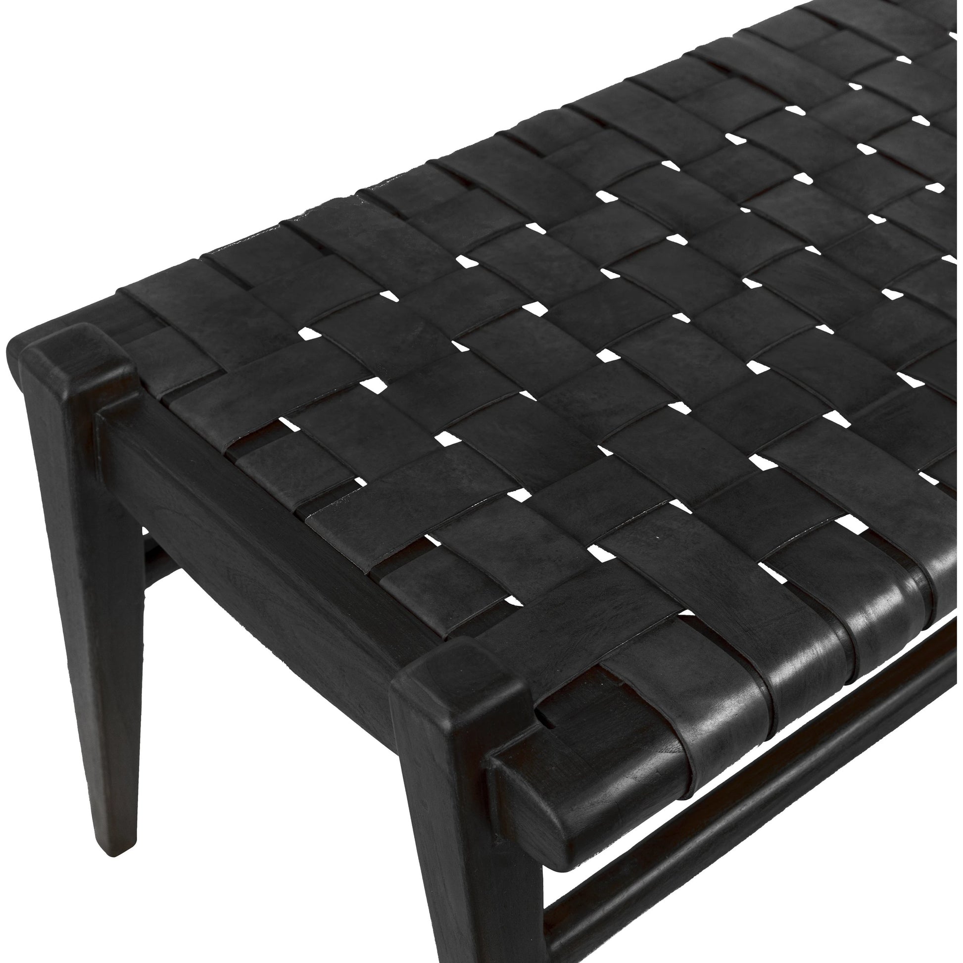Santiago Teak and Woven Leather Bench by Arch & Plane in black and stain. Made from full grain leather in a coastal style.
