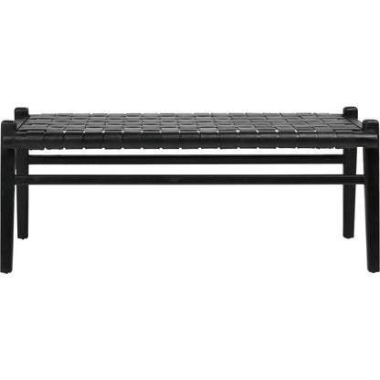 Santiago Teak and Woven Leather Bench by Arch & Plane in black and stain. Made from full grain leather in a coastal style.