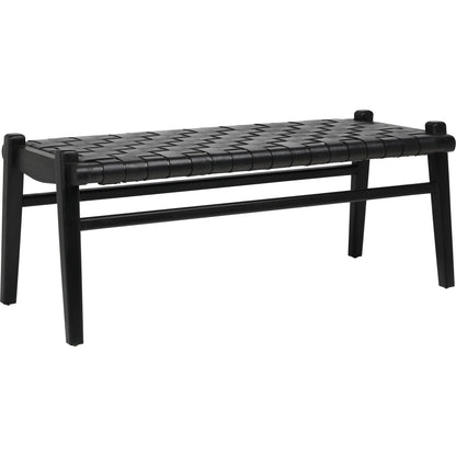 Santiago Teak and Woven Leather Bench by Arch & Plane in black and stain. Made from full grain leather in a coastal style.