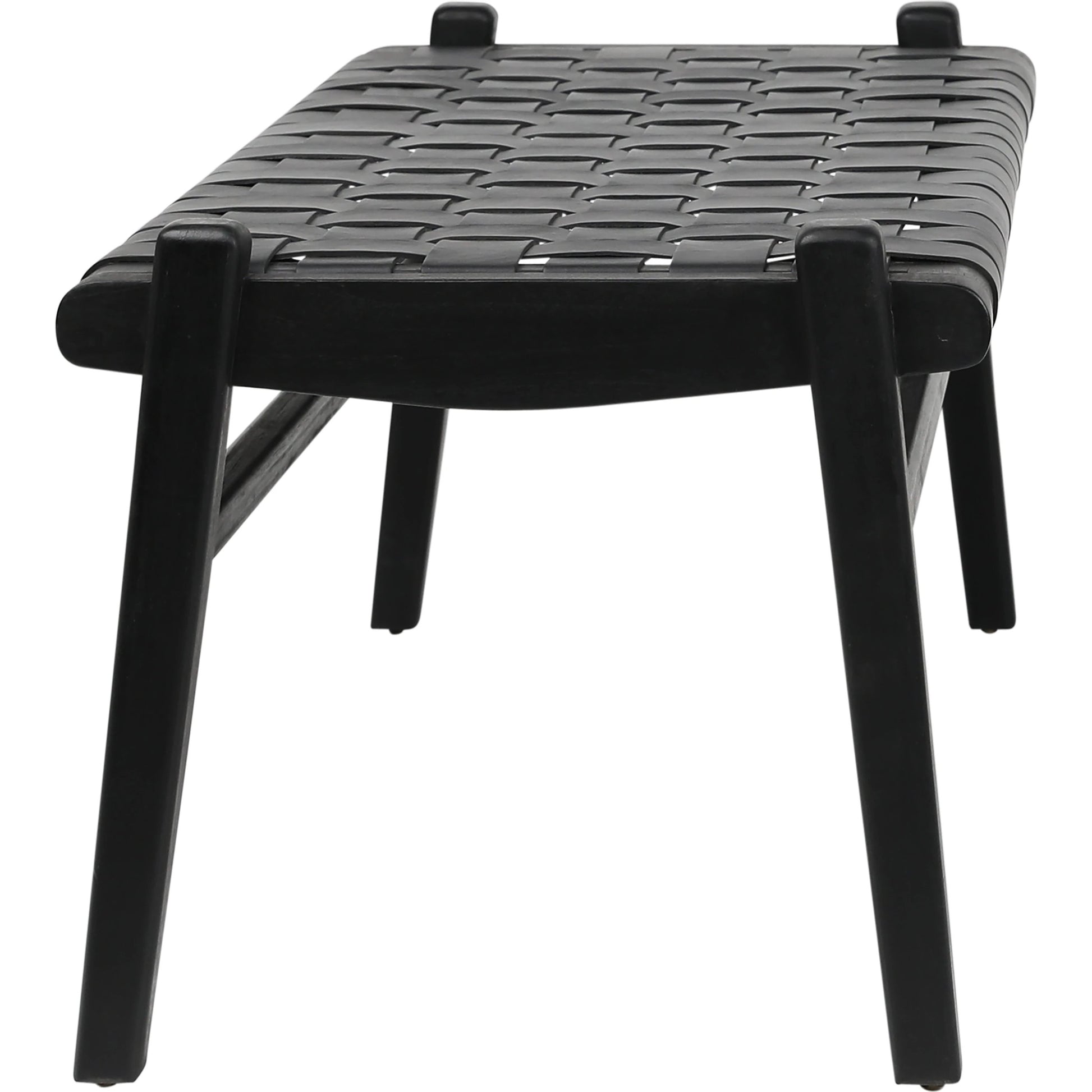 Santiago Teak and Woven Leather Bench by Arch & Plane in black and stain. Made from full grain leather in a coastal style.