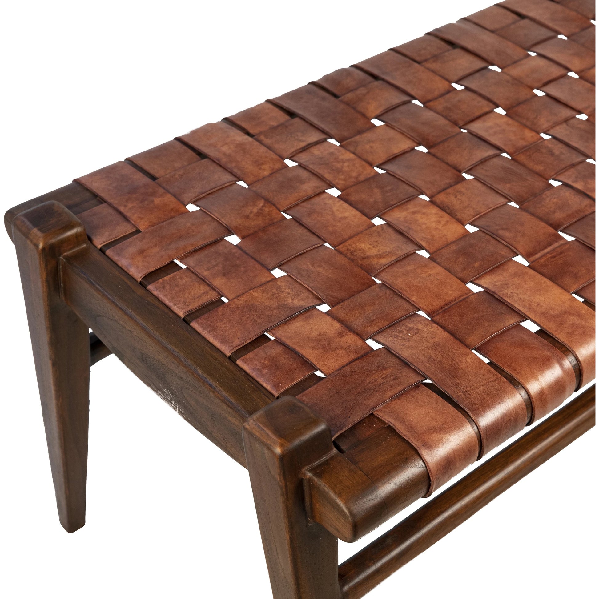 Santiago Teak and Woven Leather Bench by Arch & Plane in black and stain. Made from full grain leather in a coastal style.