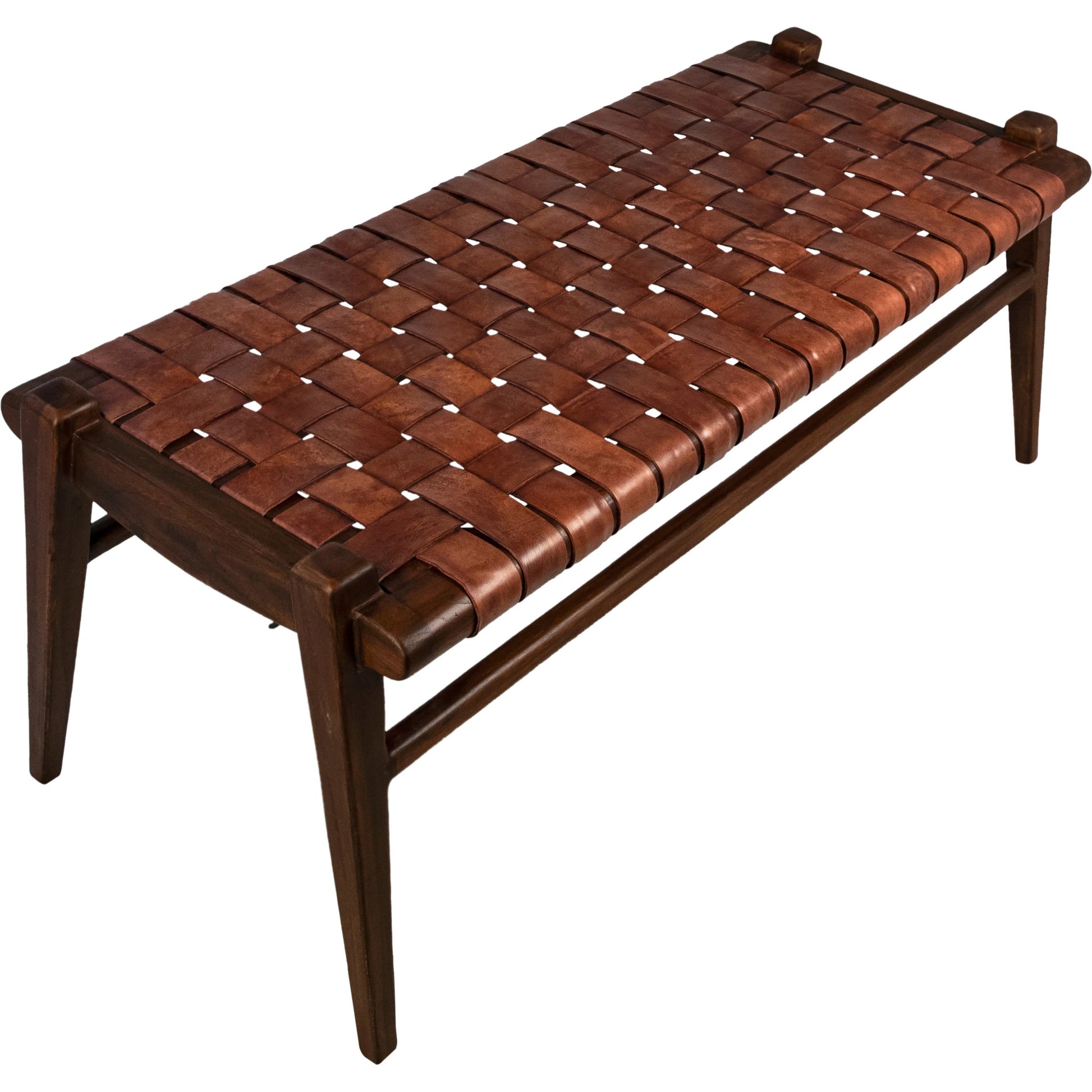 Santiago Teak and Woven Leather Bench by Arch & Plane in black and stain. Made from full grain leather in a coastal style.