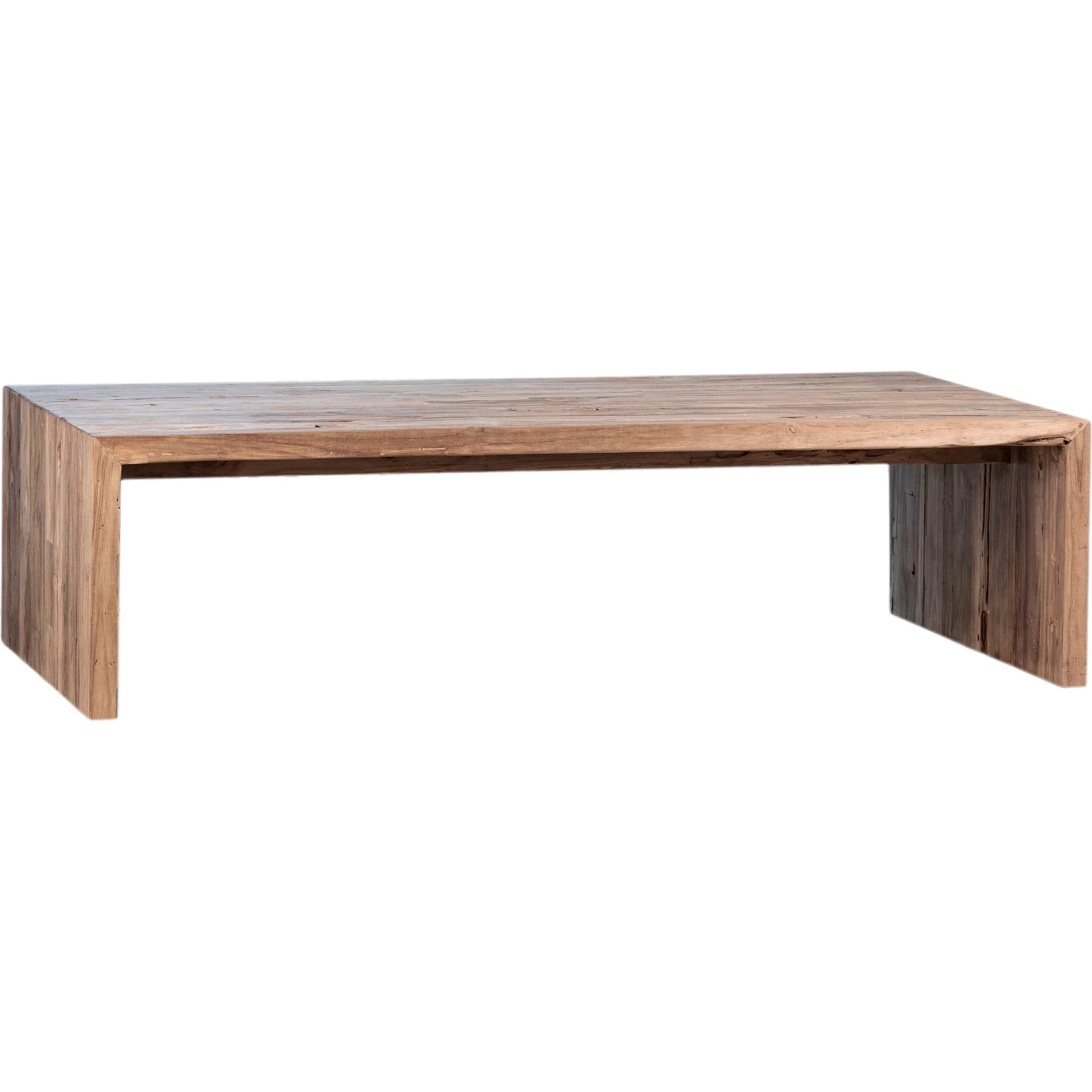 Alaina Reclaimed Teak Waterfall Coffee Table by Arch & Plane in medium brown and clear seal. Made from reclaimed teak in a modern style.