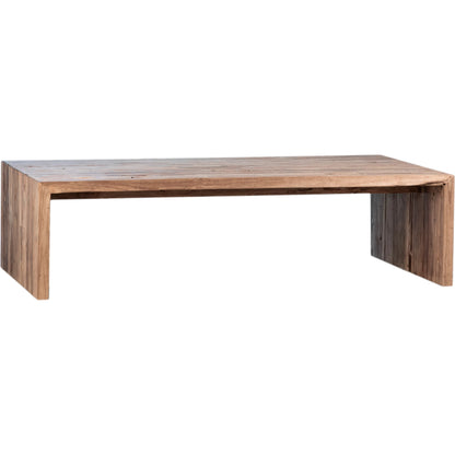 Alaina Reclaimed Teak Waterfall Coffee Table by Arch & Plane in medium brown and clear seal. Made from reclaimed teak in a modern style.