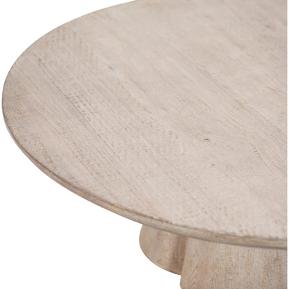 Kristal Reclaimed Pine Round Coffee Table with Clover Pedestal by Arch & Plane in light wash brown. Made from reclaimed pine in a modern style.