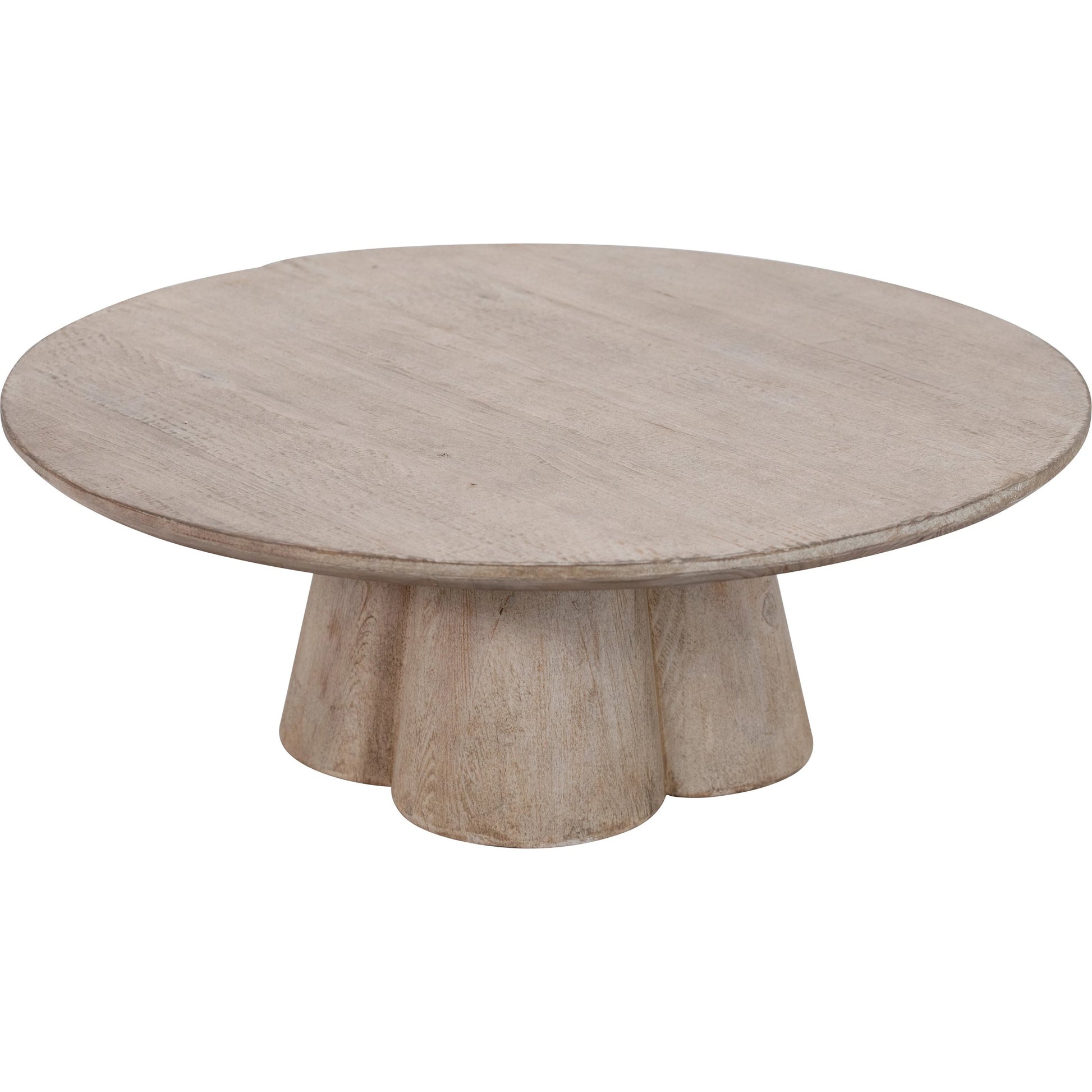 Kristal Reclaimed Pine Round Coffee Table with Clover Pedestal by Arch & Plane in light wash brown. Made from reclaimed pine in a modern style.